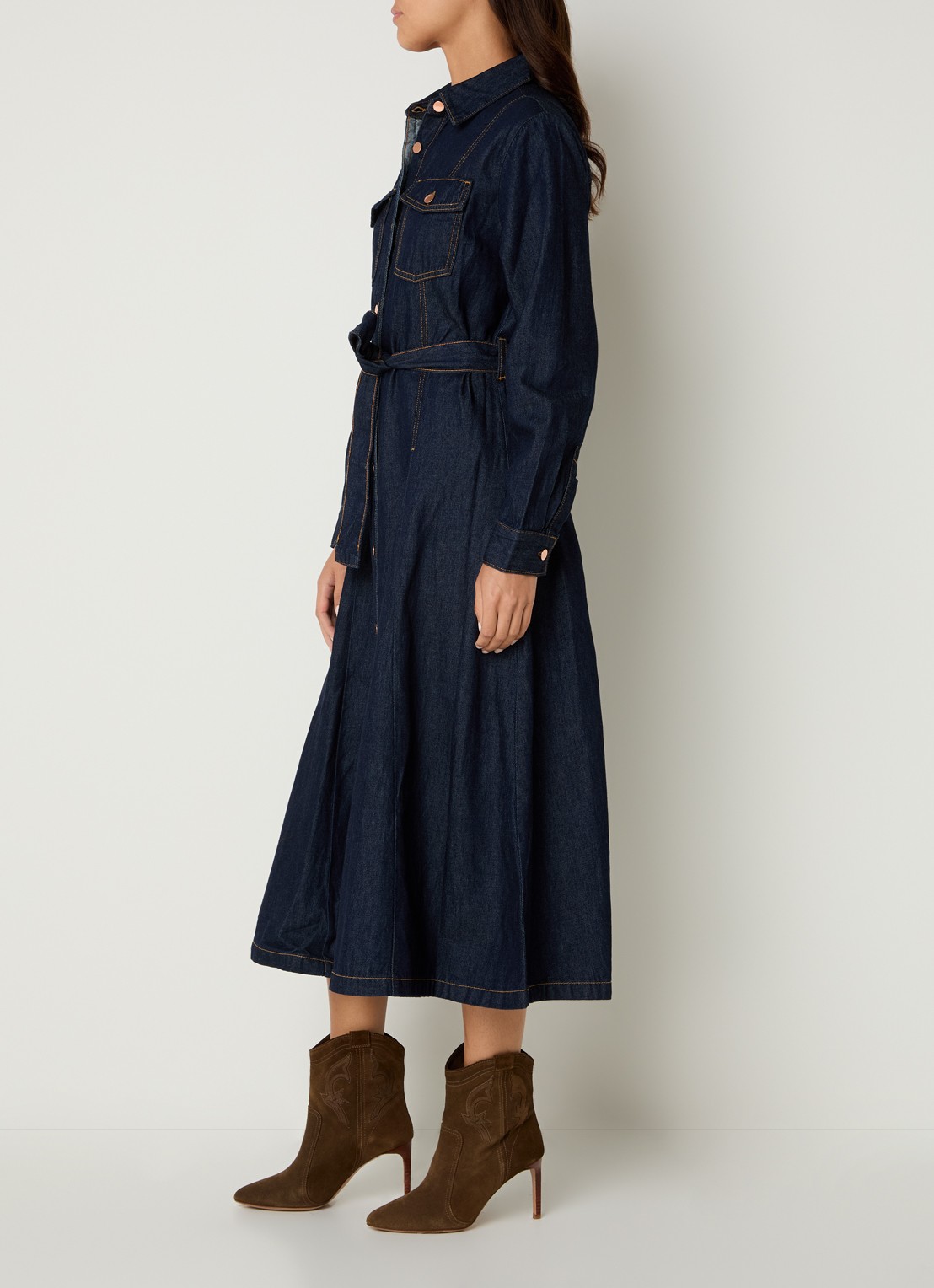 Benetton Midi blousejurk van denim met strikceintuur - voorkant 4 indigo