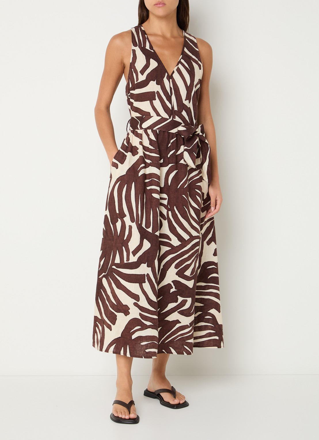 Benetton Midi jurk met strikceintuur en print - detail 2 bruin