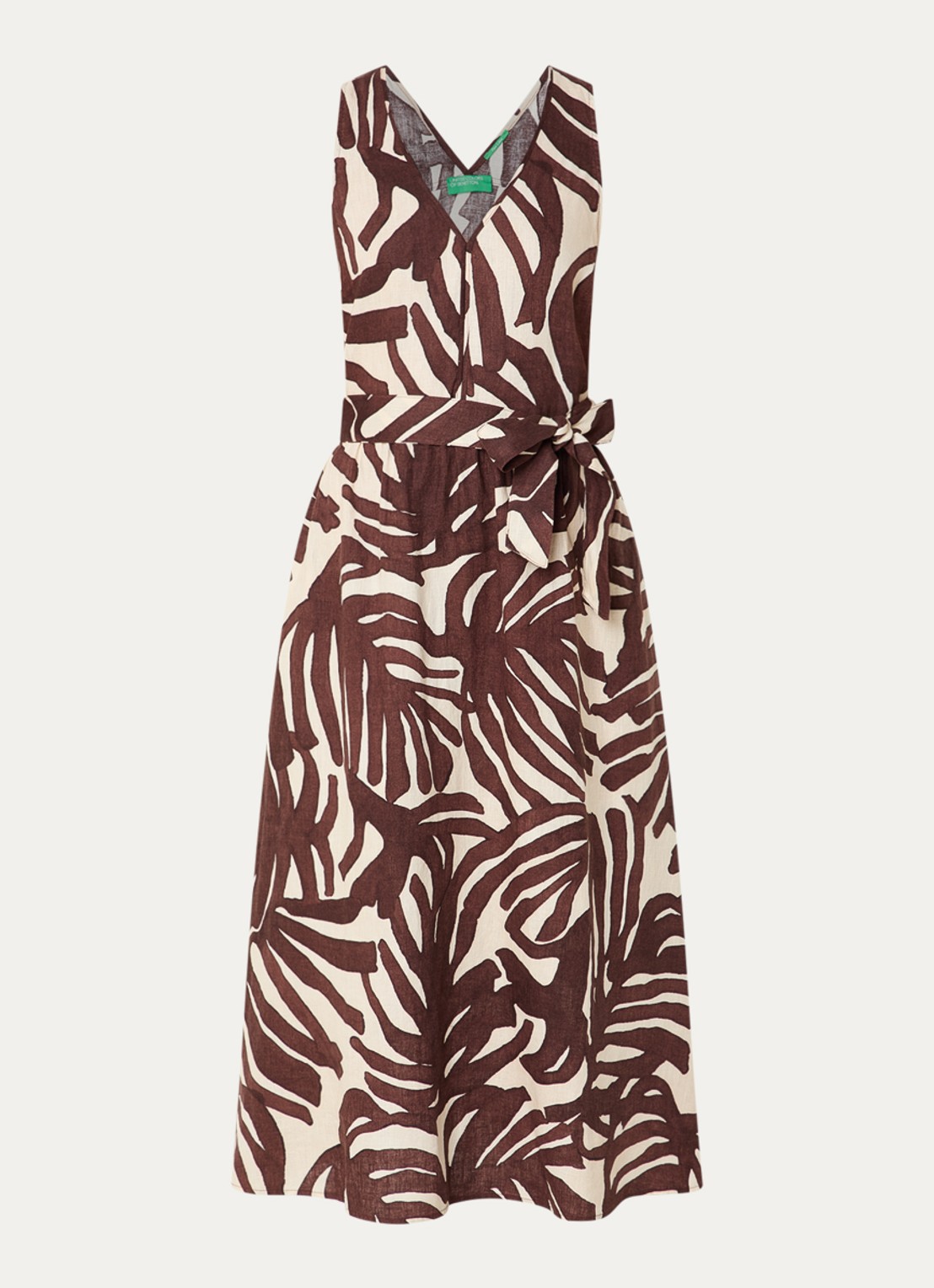 Benetton Midi jurk met strikceintuur en print - voorkant 3 bruin