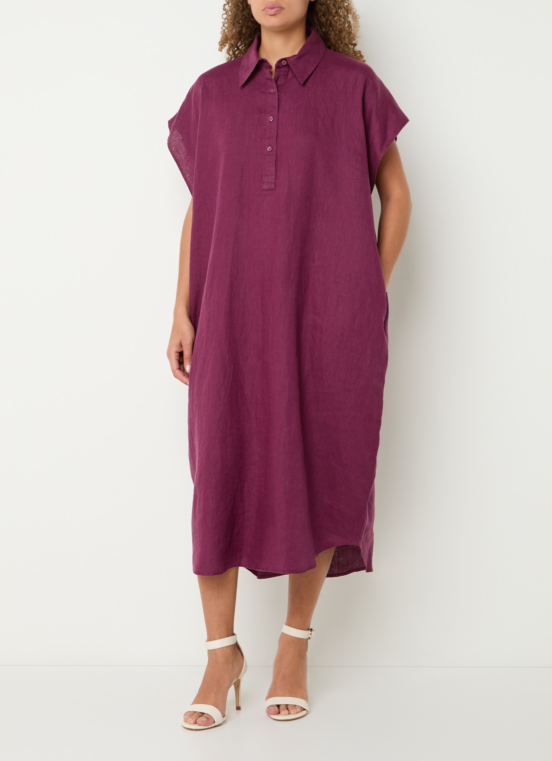 Benetton Midi jurk van linnen met steekzakken - detail 4 aubergine