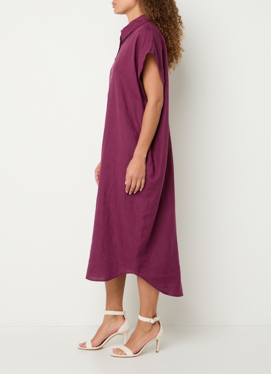 Benetton Midi jurk van linnen met steekzakken - voorkant 3 aubergine