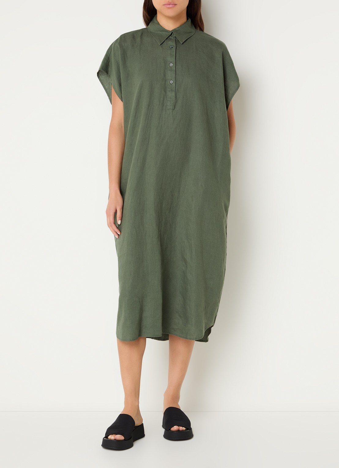 Benetton Midi jurk van linnen met steekzakken - detail 3 legergroen