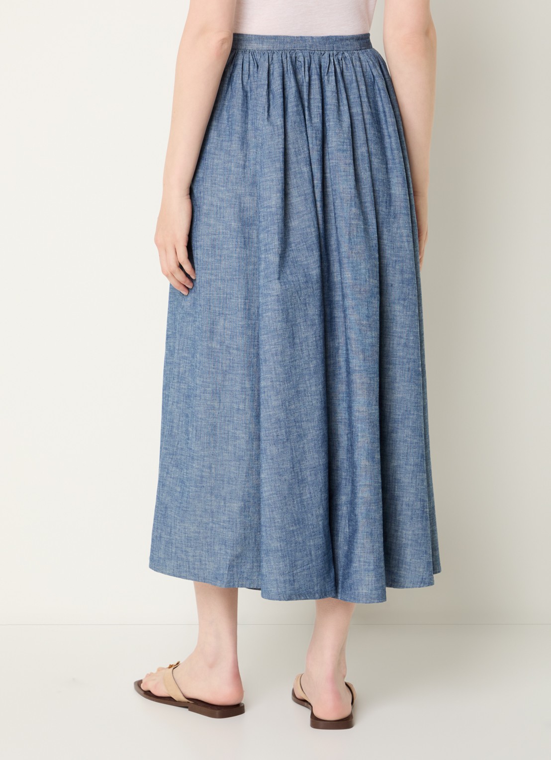 Benetton Midi plooirok van chambray met steekzakken - achterkant indigo