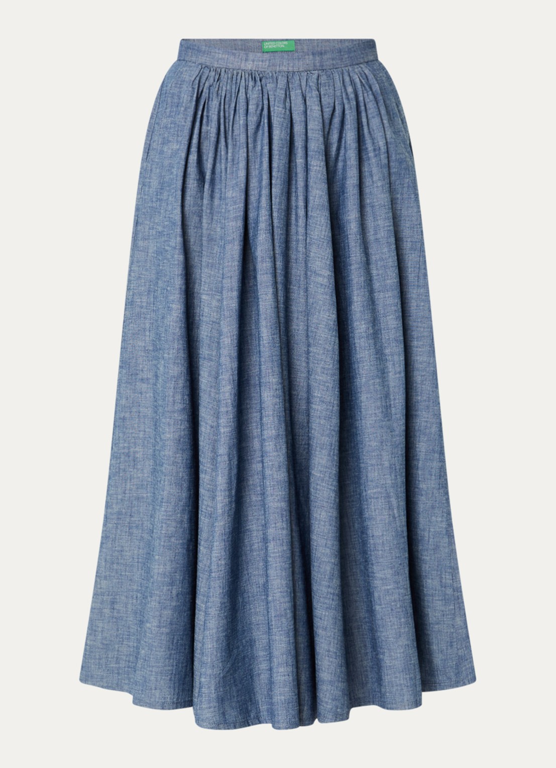 Benetton Midi plooirok van chambray met steekzakken - voorkant 3 indigo