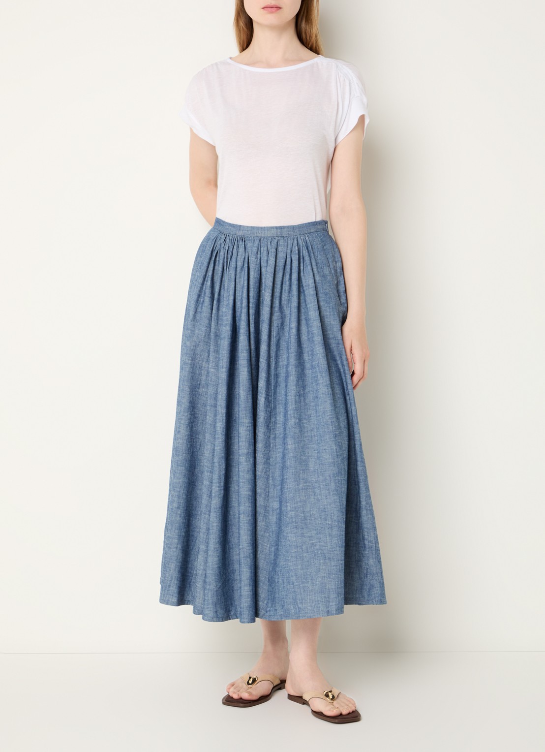 Benetton Midi plooirok van chambray met steekzakken - voorkant 4 indigo