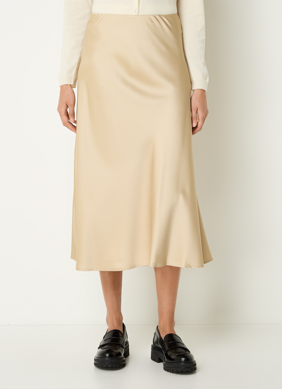 Benetton Midi rok van satijn met elastische band - detail camel