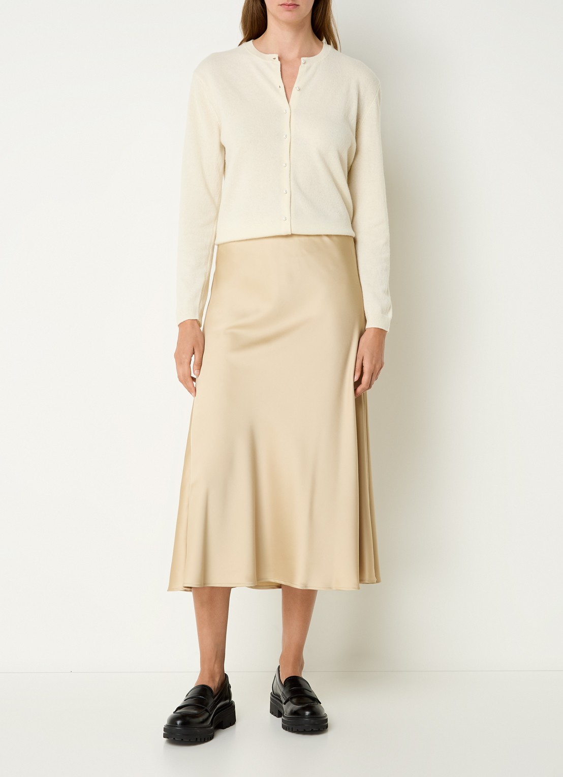 Benetton Midi rok van satijn met elastische band - voorkant 4 camel