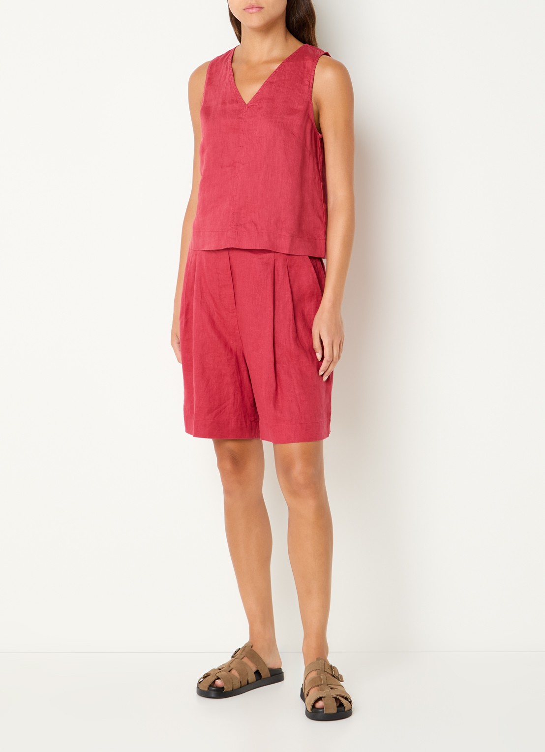 Benetton Mouwloze top in linnenblend met V-hals - voorkant 2 donkerroze