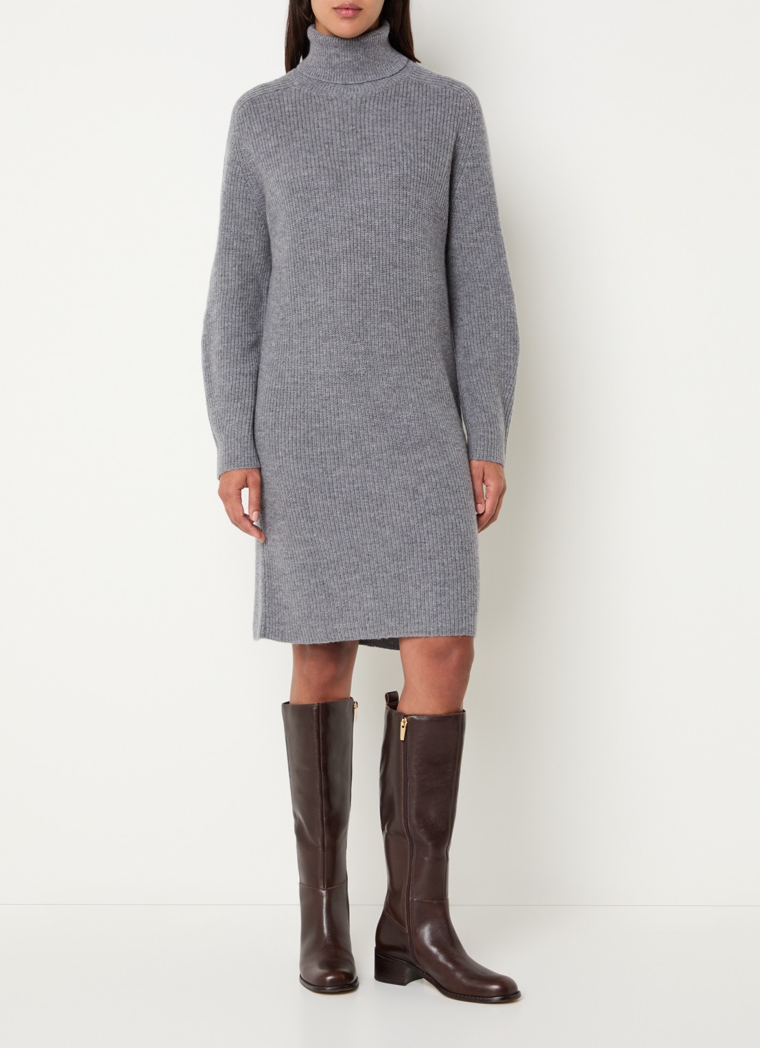 Benetton Ribgebreide mini trui-jurk met col - voorkant 2 middengrijs