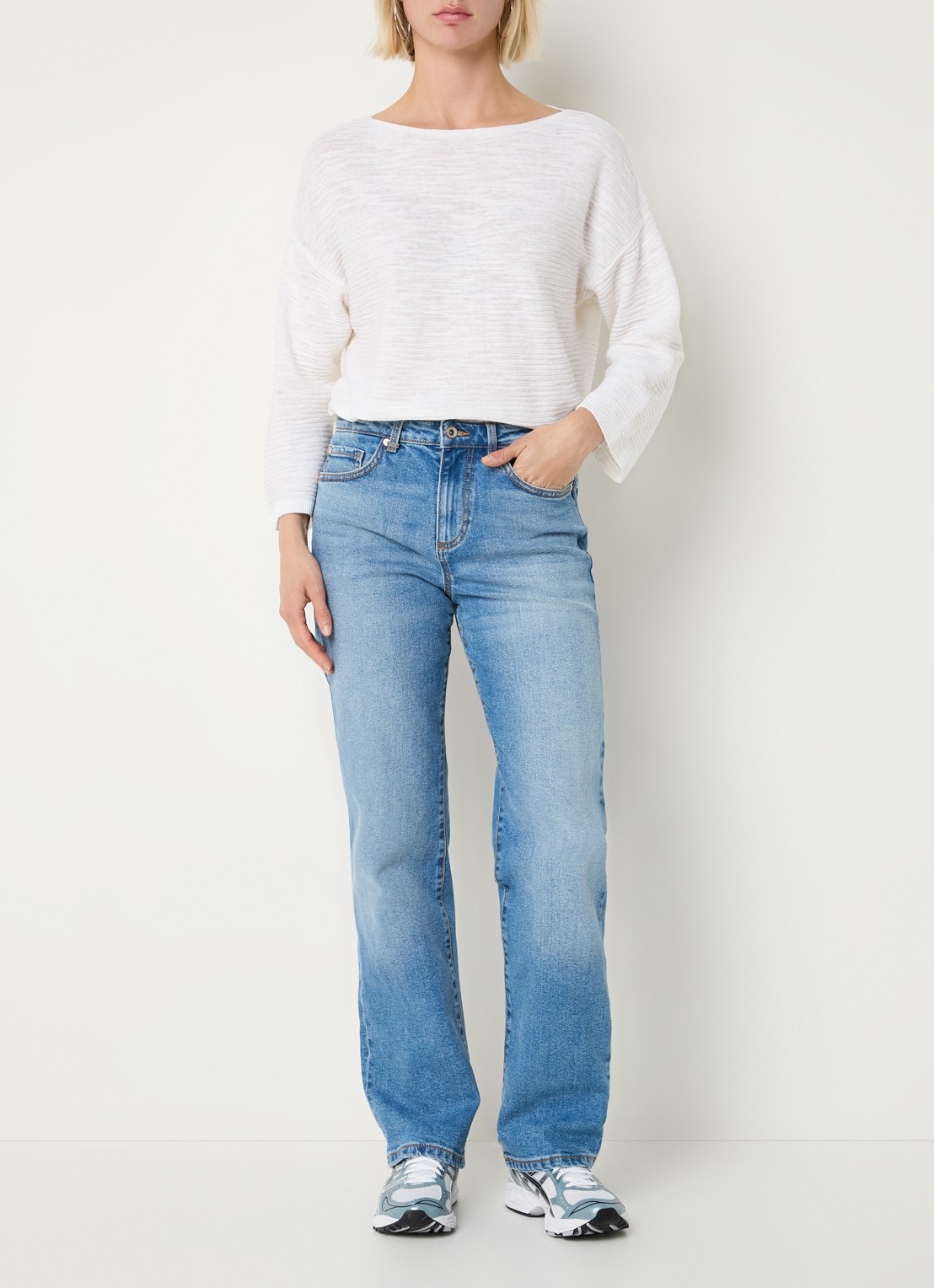 Benetton Ribgebreide pullover in linnenblend - voorkant 4 gebroken wit
