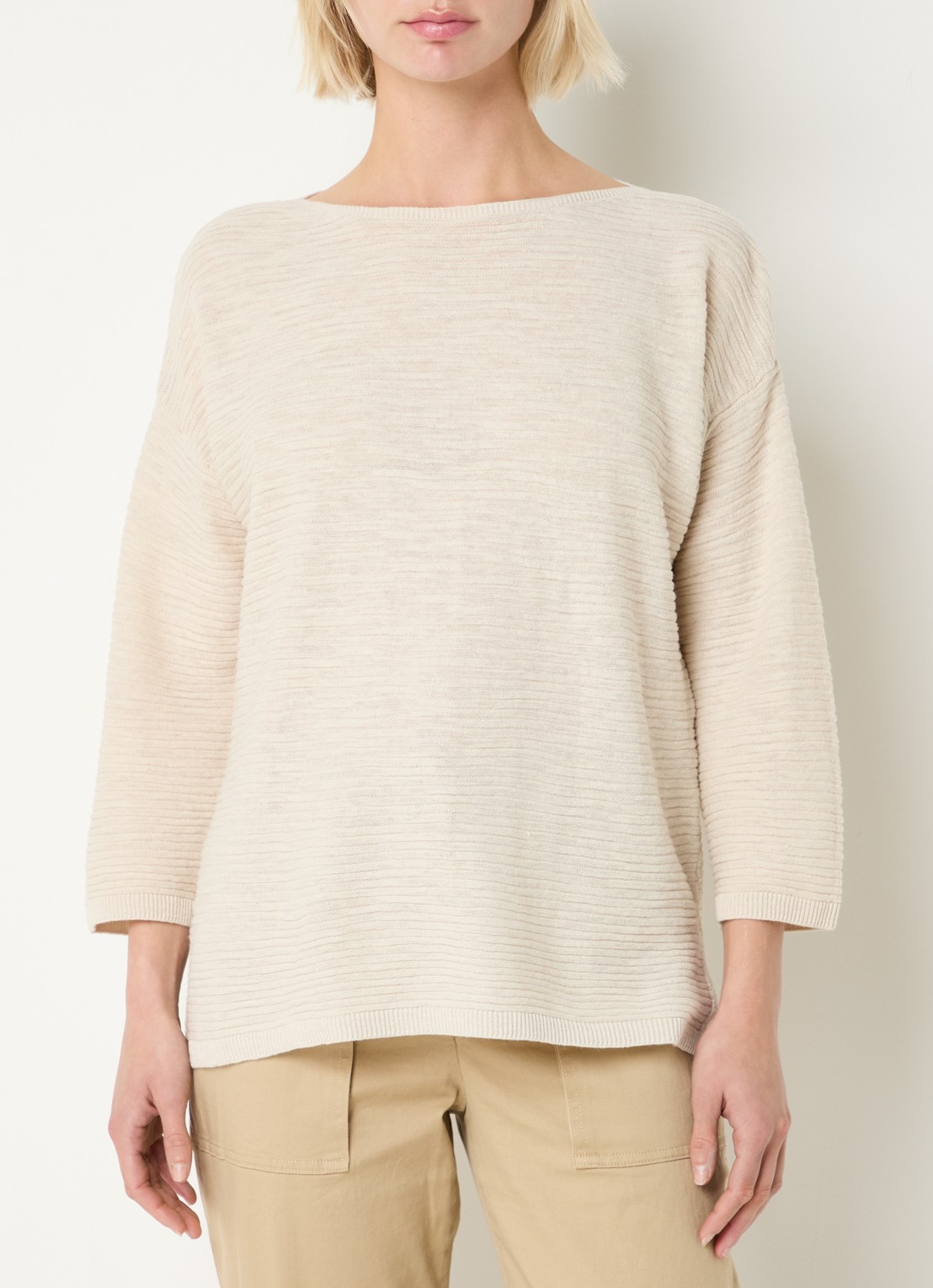 Benetton Ribgebreide pullover in linnenblend - detail 4 creme