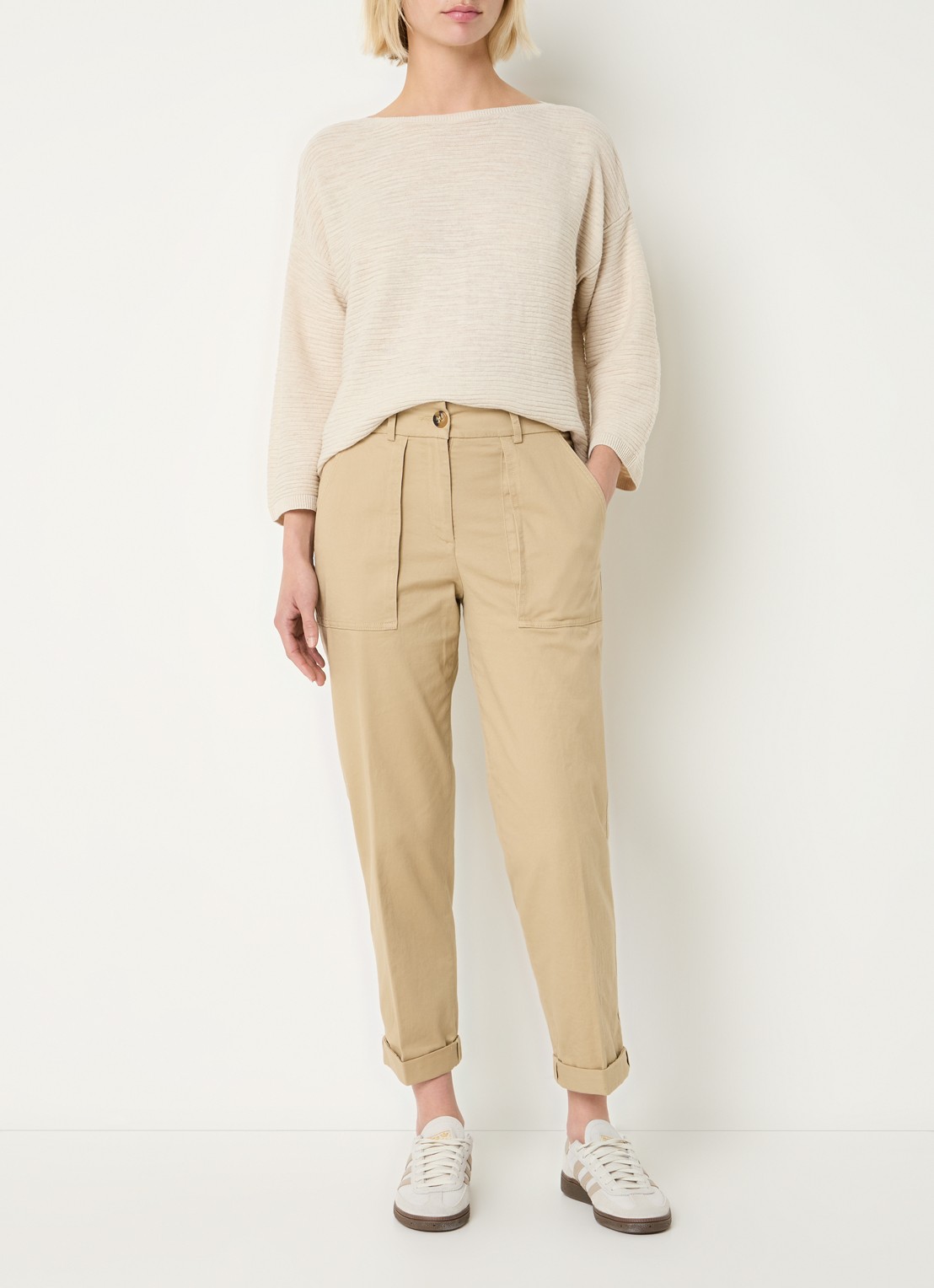 Benetton Ribgebreide pullover in linnenblend - voorkant 3 creme