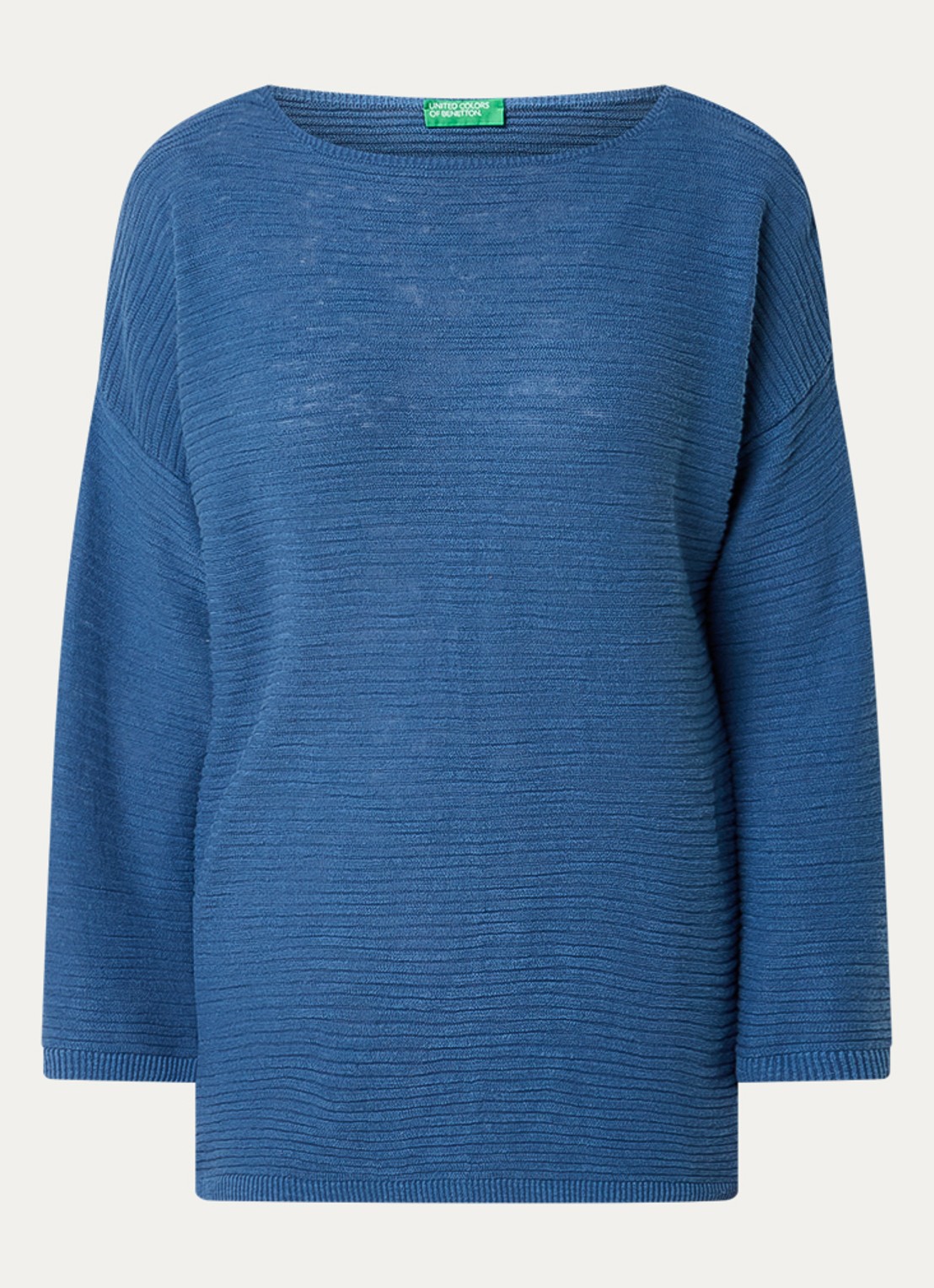 Benetton Ribgebreide pullover in linnenblend - voorkant indigo