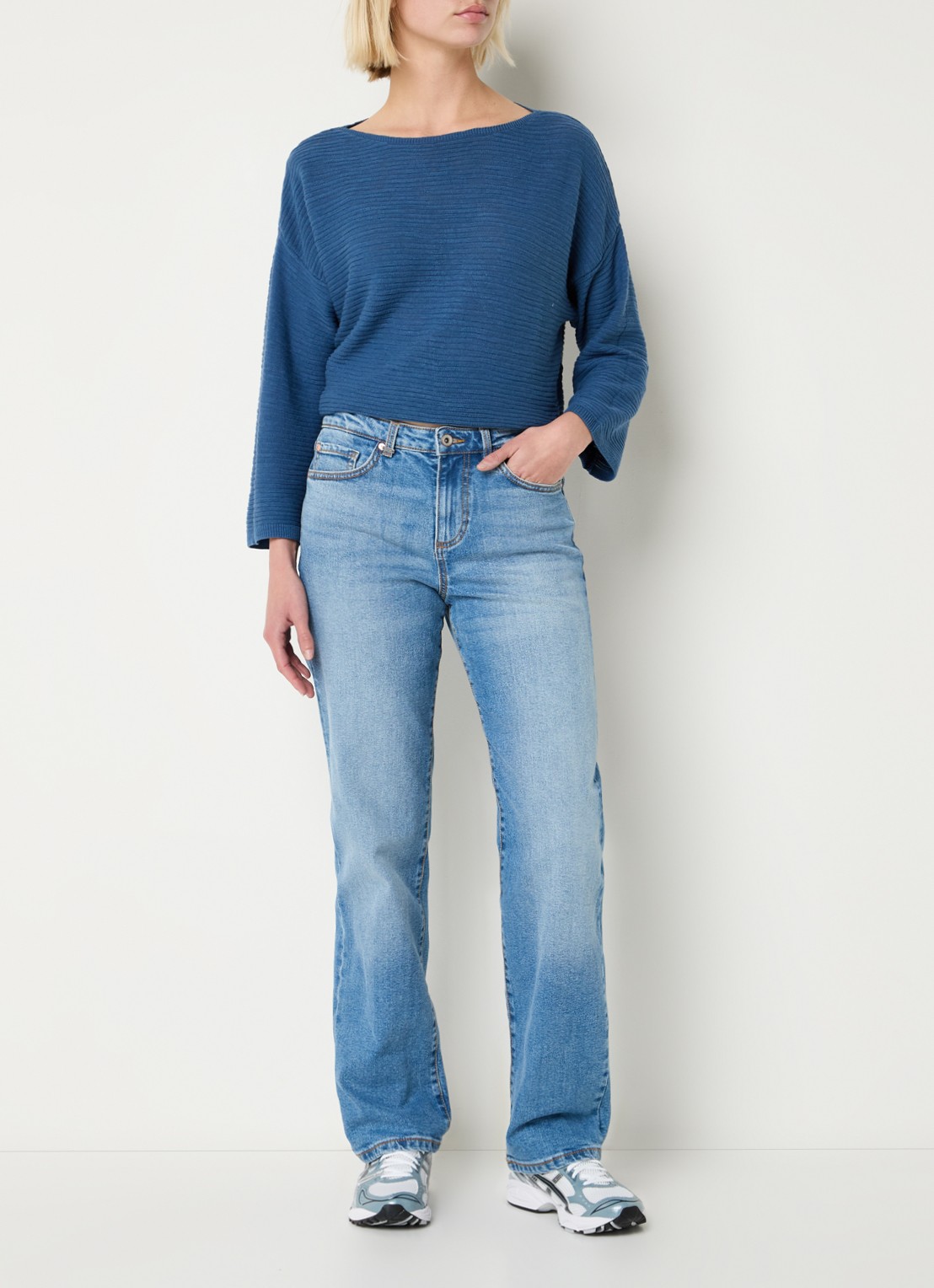 Benetton Ribgebreide pullover in linnenblend - voorkant 2 indigo