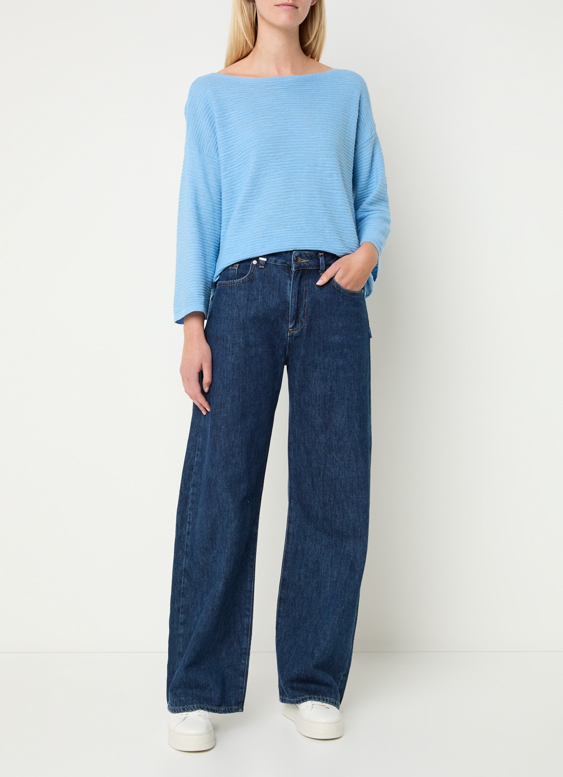 Benetton Ribgebreide pullover in linnenblend - voorkant 4 lichtblauw