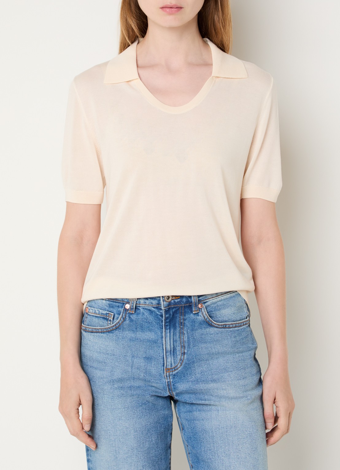 Benetton Semi-transparante polo in zijdeblend met ronde hals - detail 4 creme