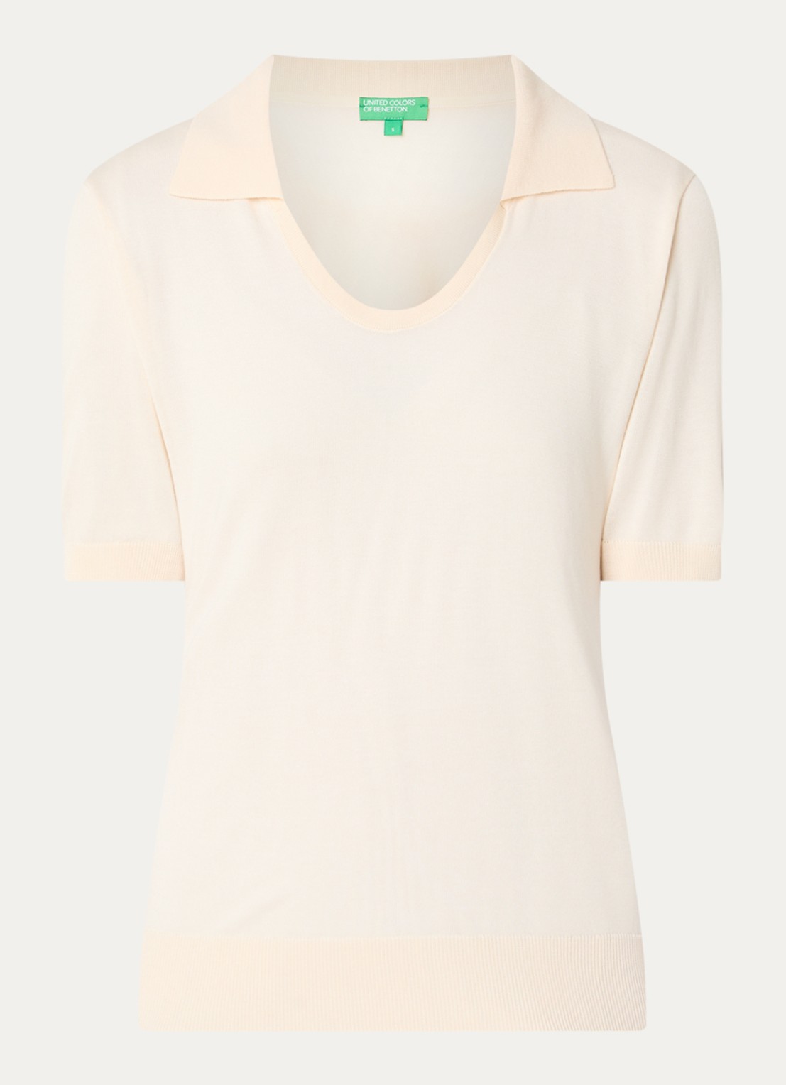Benetton Semi-transparante polo in zijdeblend met ronde hals - voorkant creme