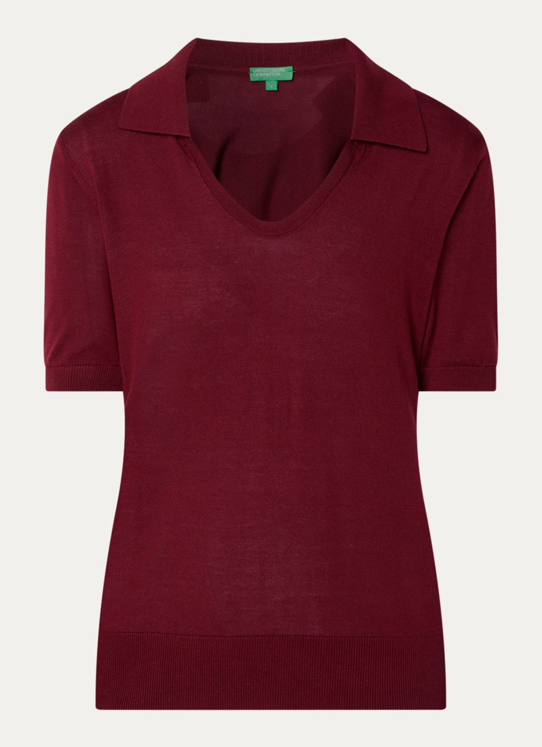 Benetton Semi-transparante polo in zijdeblend met ronde hals - voorkant bordeauxrood