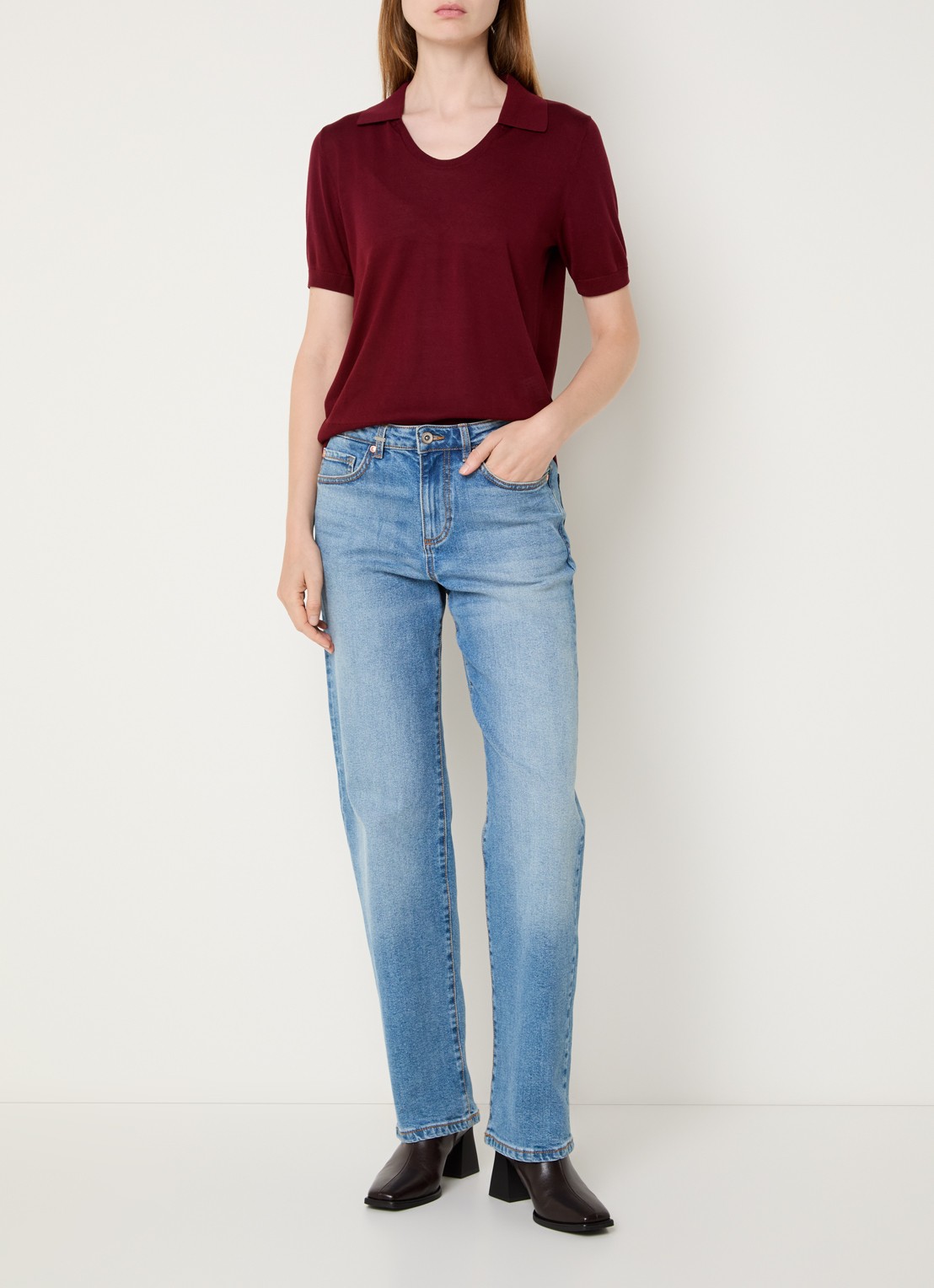 Benetton Semi-transparante polo in zijdeblend met ronde hals - voorkant 2 bordeauxrood