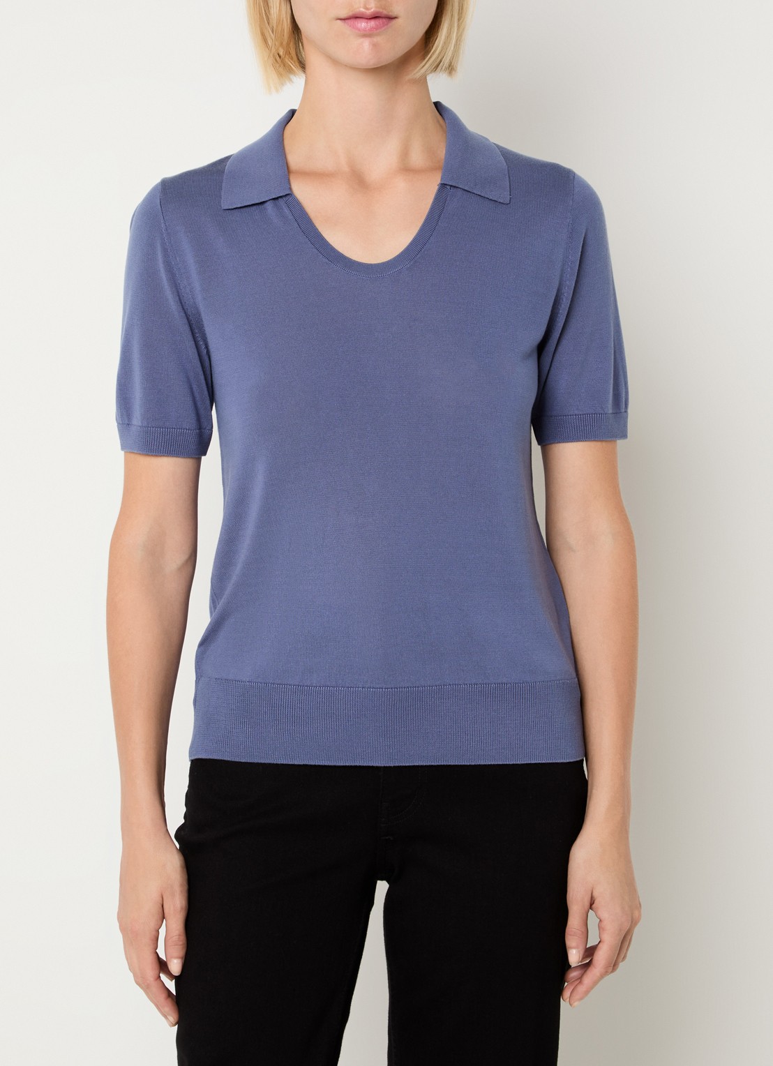 Benetton Semi-transparante polo in zijdeblend met ronde hals - detail blauwgrijs