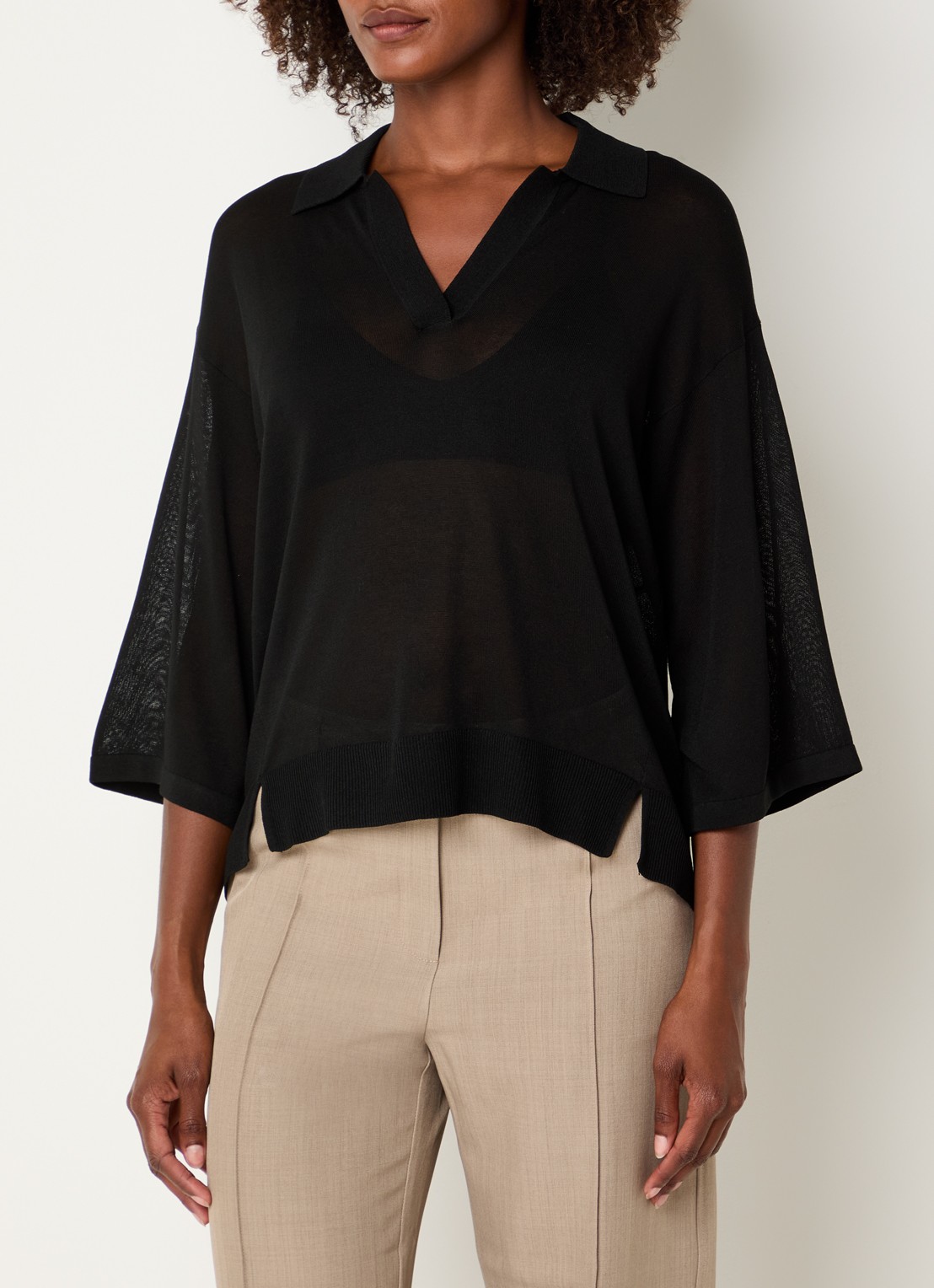 Benetton Semi-transparante top met polokraag - detail 2 zwart