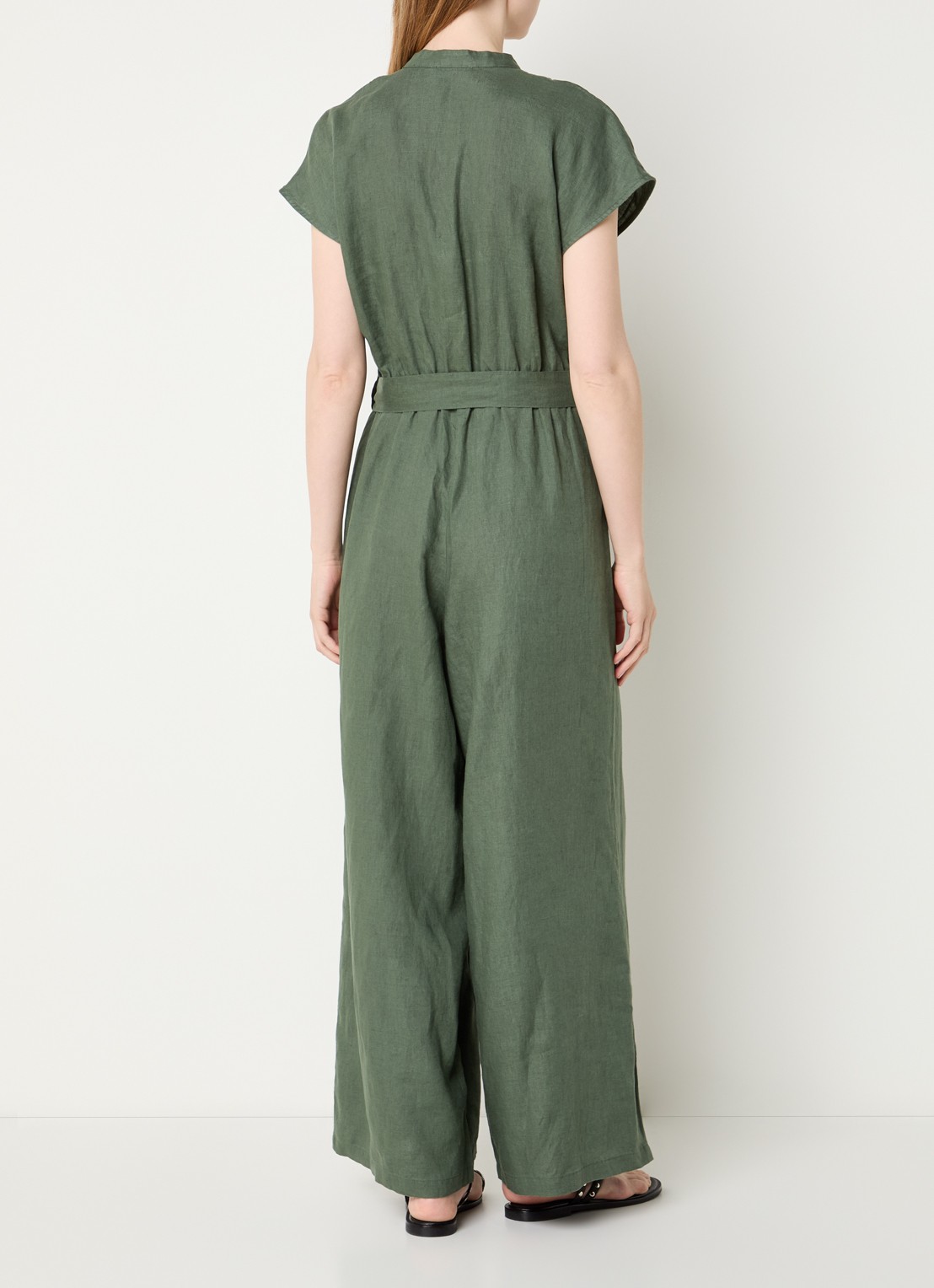 Benetton Straight fit jumpsuit van linnen met strikceintuur - achterkant 4 legergroen