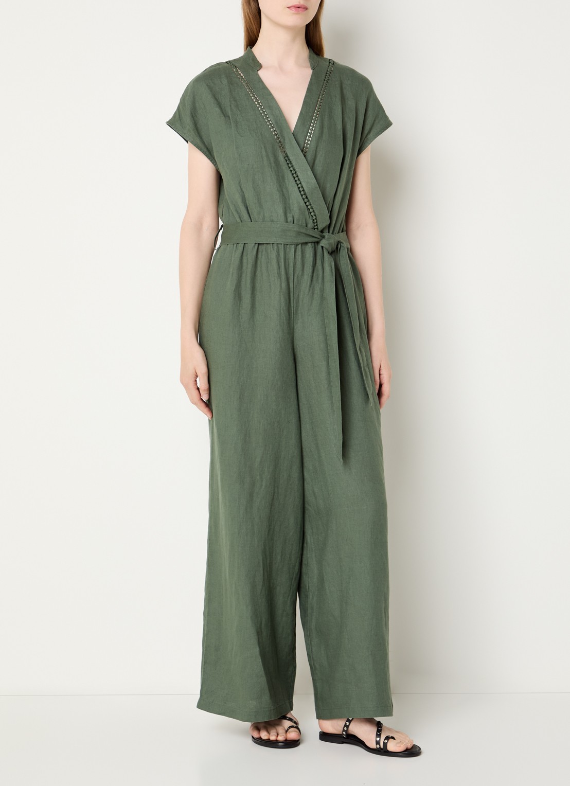 Benetton Straight fit jumpsuit van linnen met strikceintuur - detail legergroen