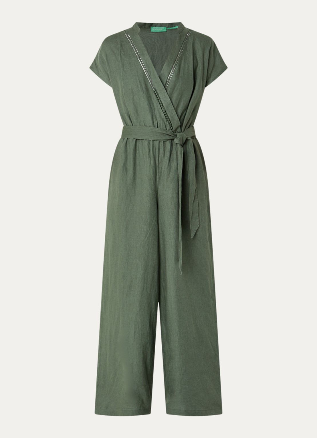 Benetton Straight fit jumpsuit van linnen met strikceintuur - voorkant 2 legergroen