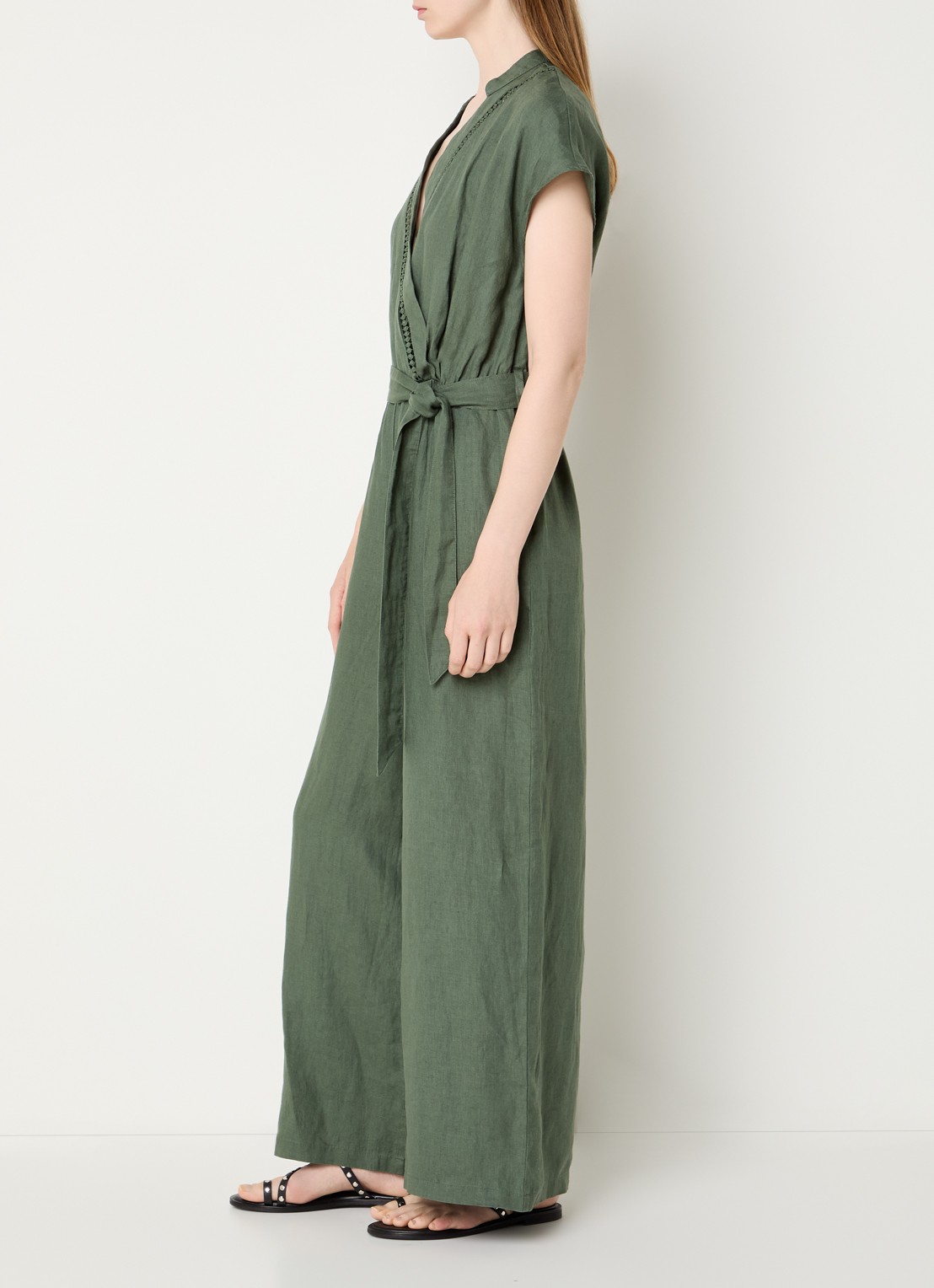Benetton Straight fit jumpsuit van linnen met strikceintuur - voorkant 3 legergroen