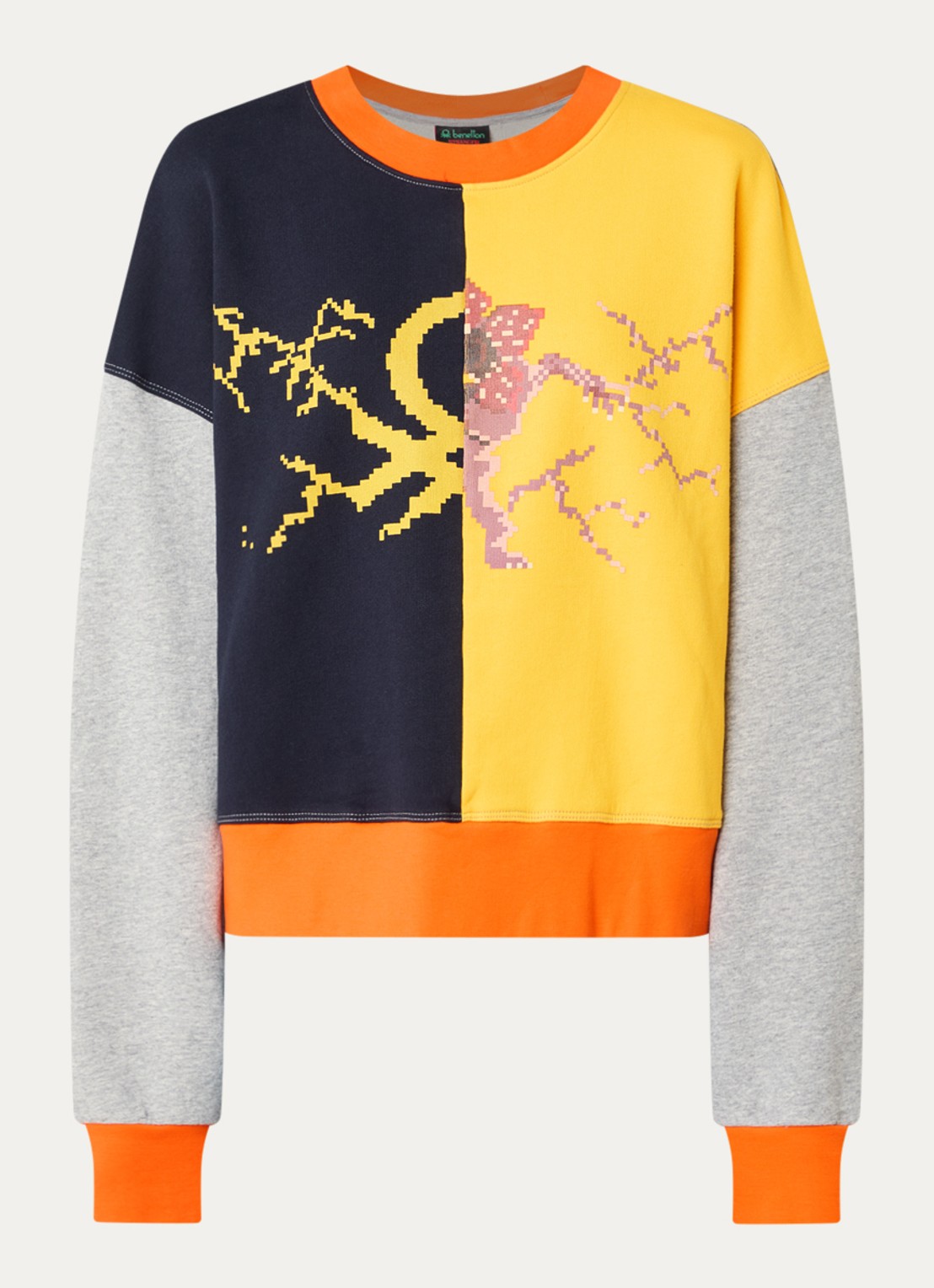Benetton Sweater met colour blocking en print - voorkant 2 grijs