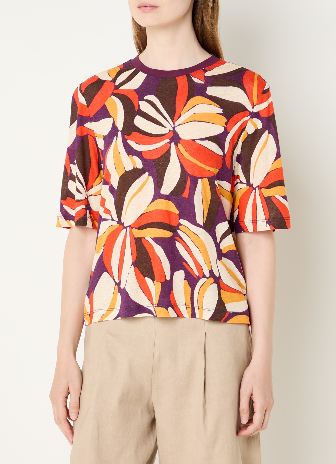 Benetton T-shirt in linnenblend met print - detail oranje