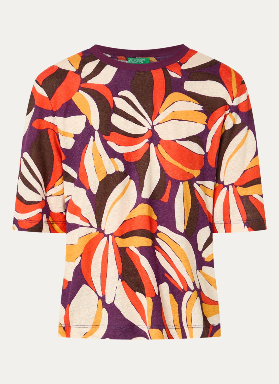 Benetton T-shirt in linnenblend met print - voorkant 2 oranje
