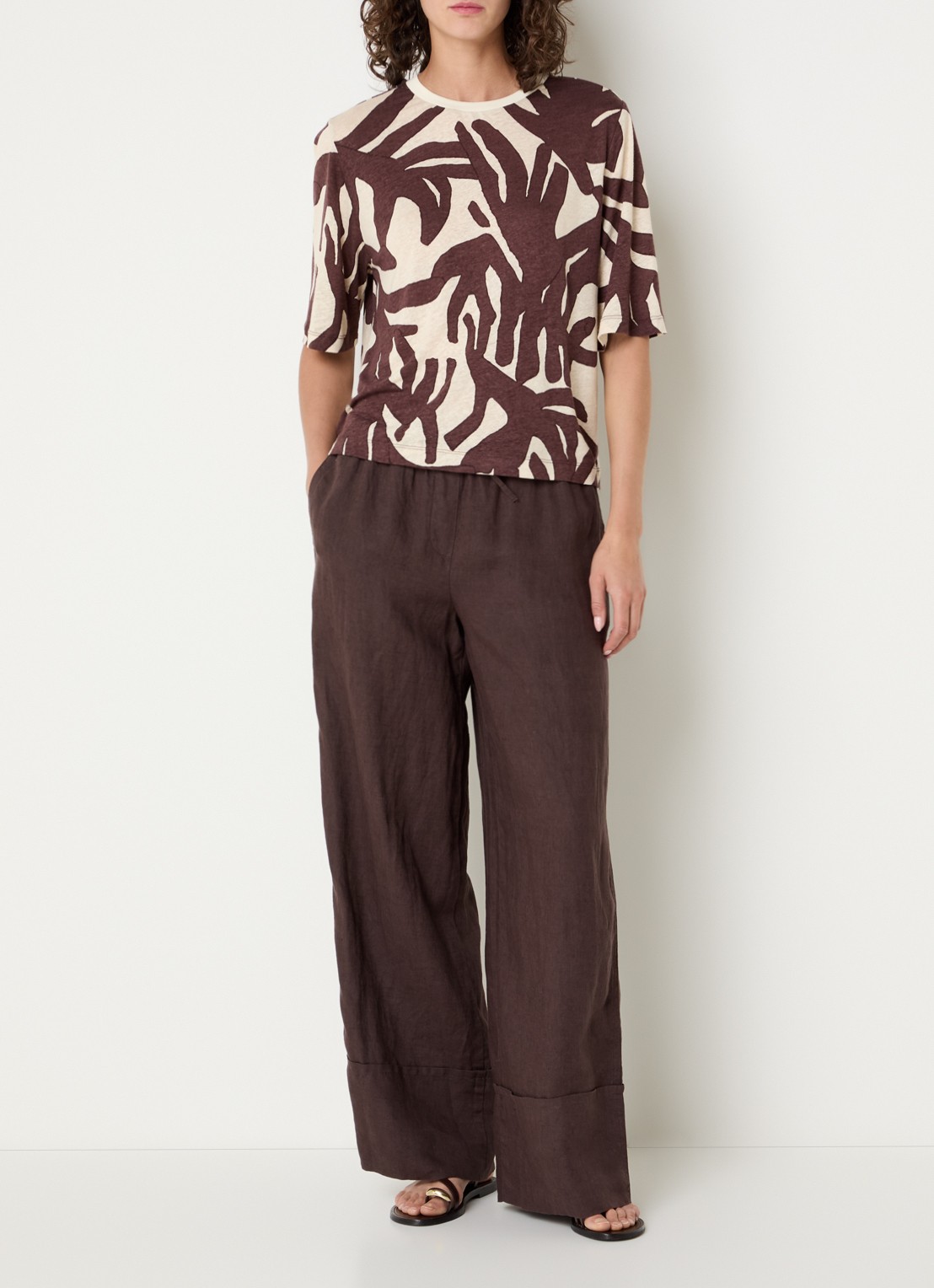 Benetton T-shirt in linnenblend met print - voorkant 2 oranjebruin