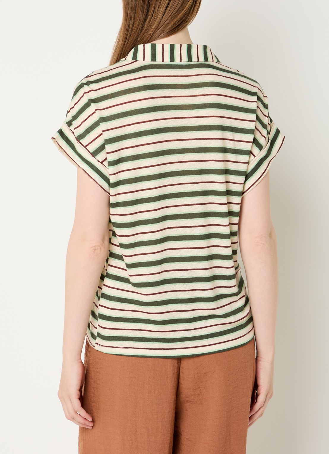 Benetton T-shirt in linnenblend met streepprint en polokraag - achterkant 2 creme