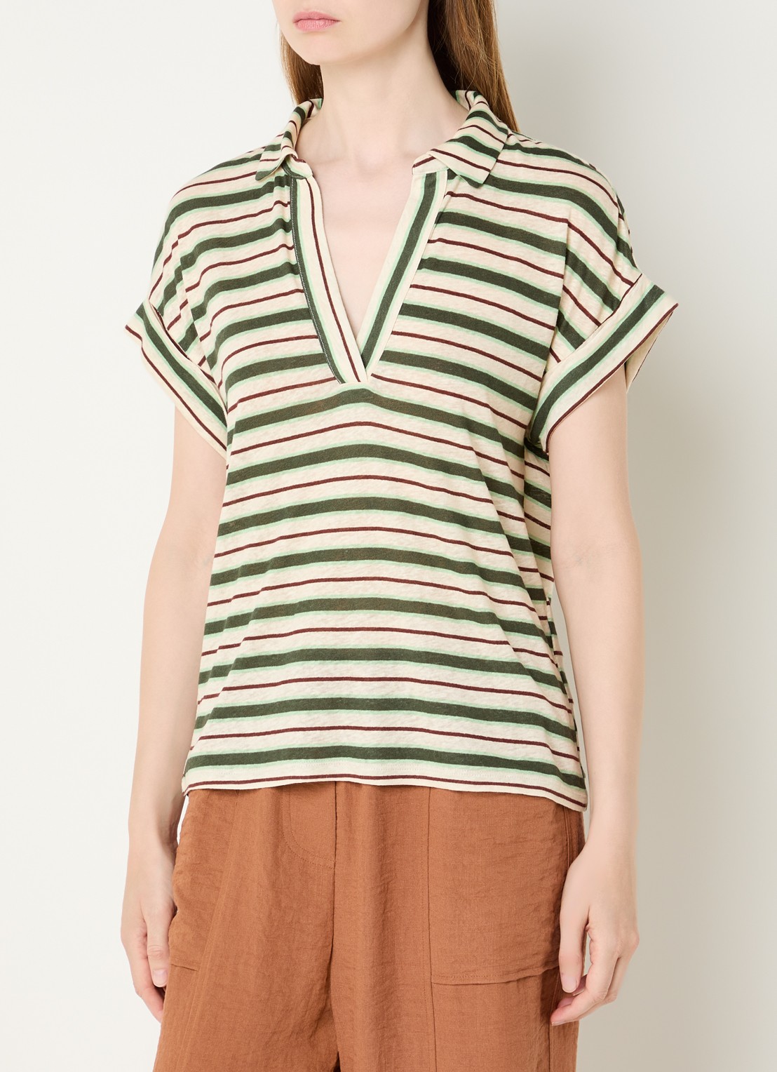 Benetton T-shirt in linnenblend met streepprint en polokraag - detail creme