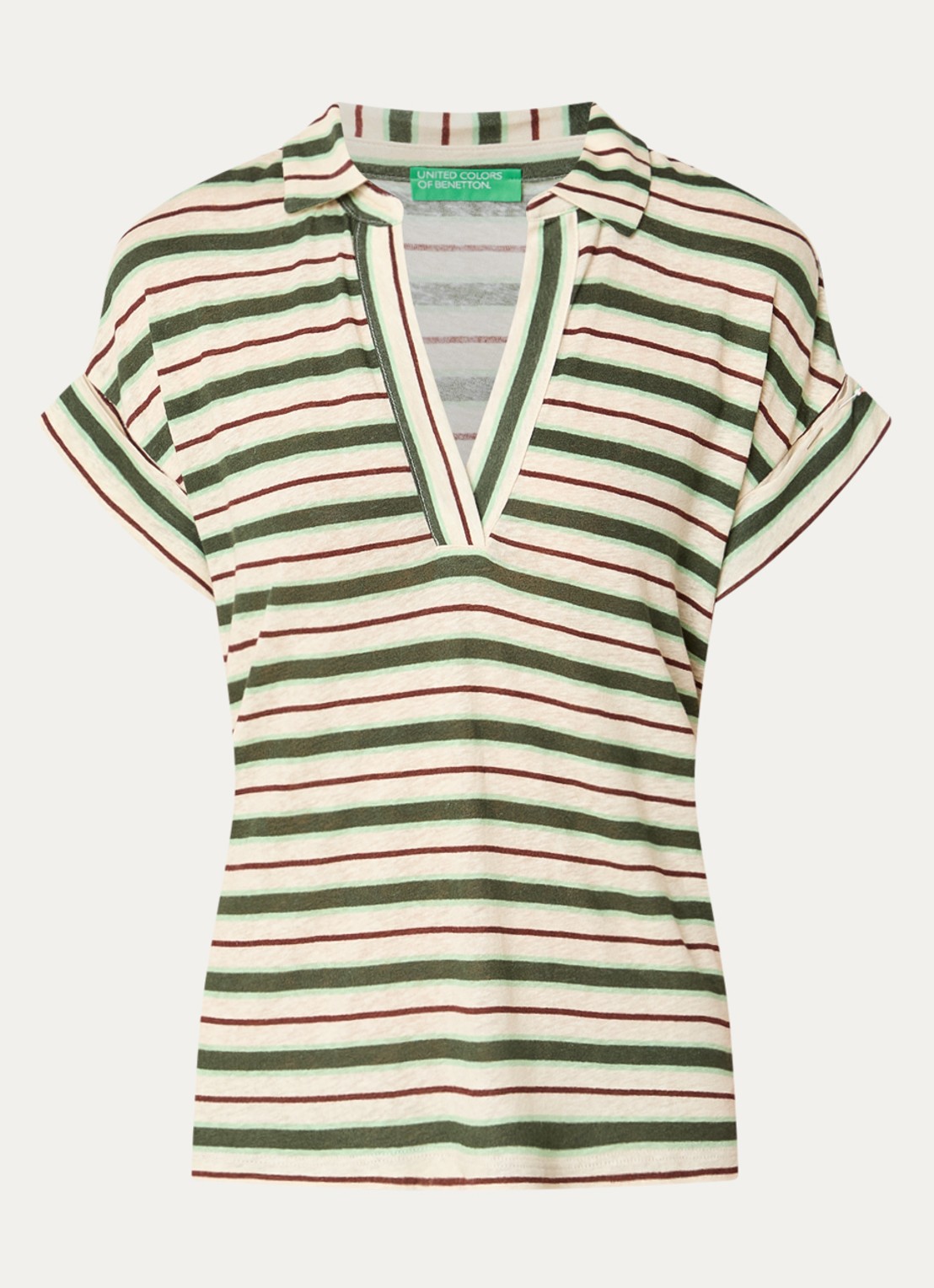 Benetton T-shirt in linnenblend met streepprint en polokraag - voorkant 3 creme