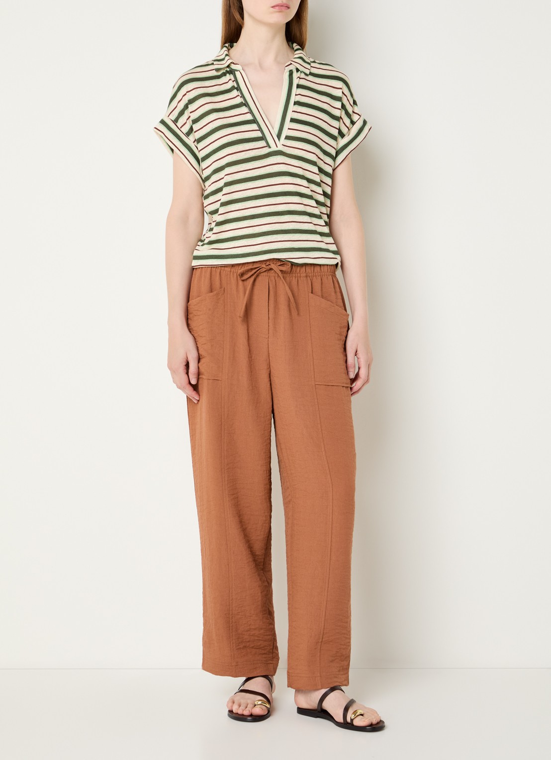 Benetton T-shirt in linnenblend met streepprint en polokraag - voorkant 4 creme