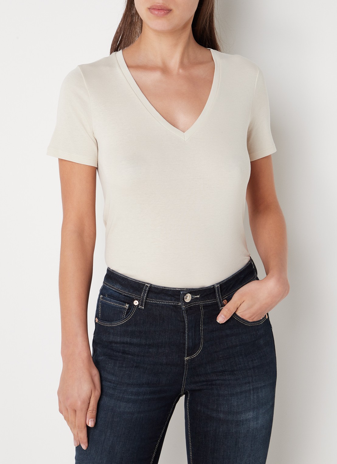 Benetton T-shirt van katoen met V-hals - detail zand