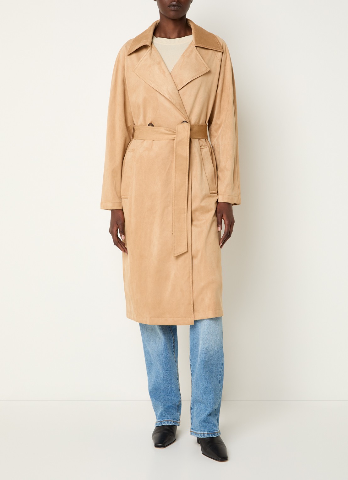 Benetton Trenchcoat van imitatiesuède met strikceintuur - detail 3 camel