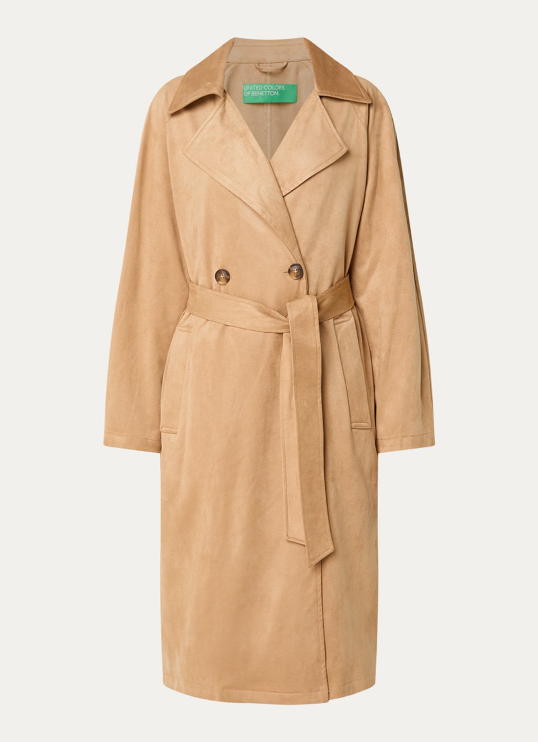 Benetton Trenchcoat van imitatiesuède met strikceintuur - voorkant camel
