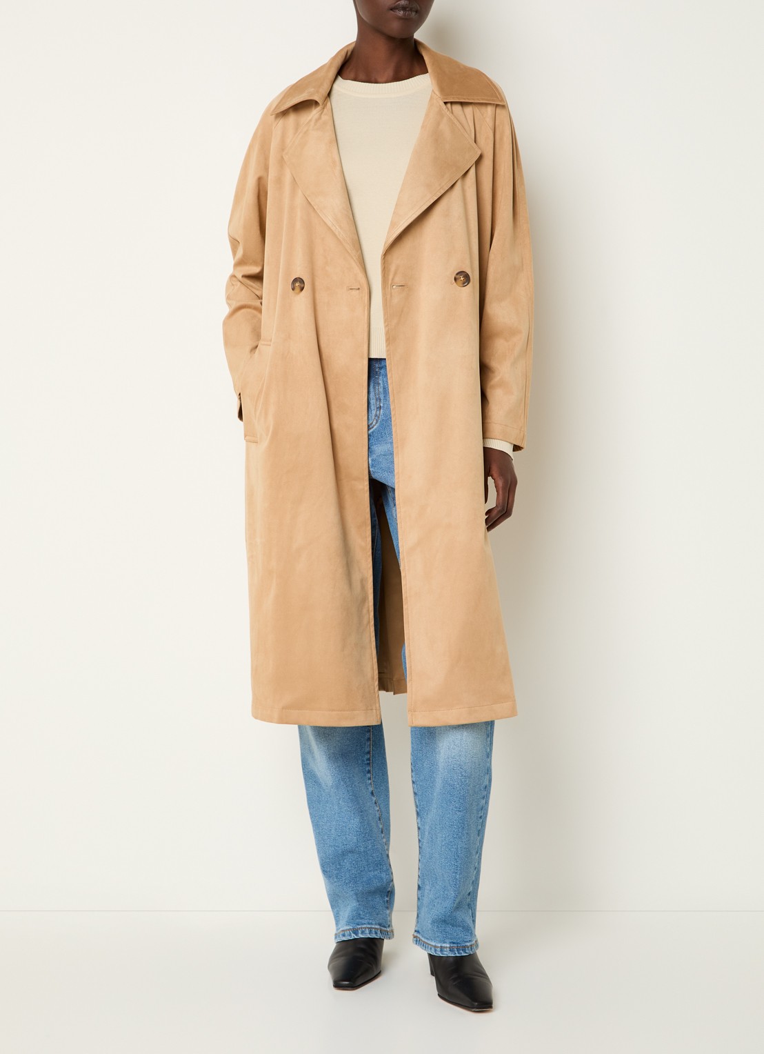 Benetton Trenchcoat van imitatiesuède met strikceintuur - voorkant 2 camel