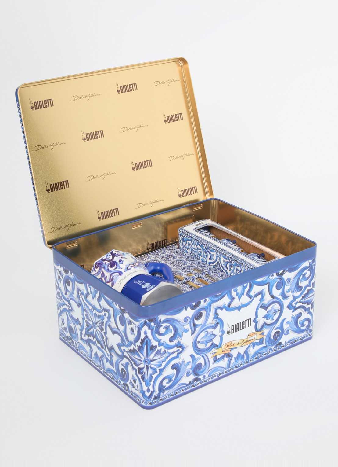 Bialetti Dolce & Gabbana Moka Express percolator 3-kops in geschenkverpakking 7-delig - detail royalblauw