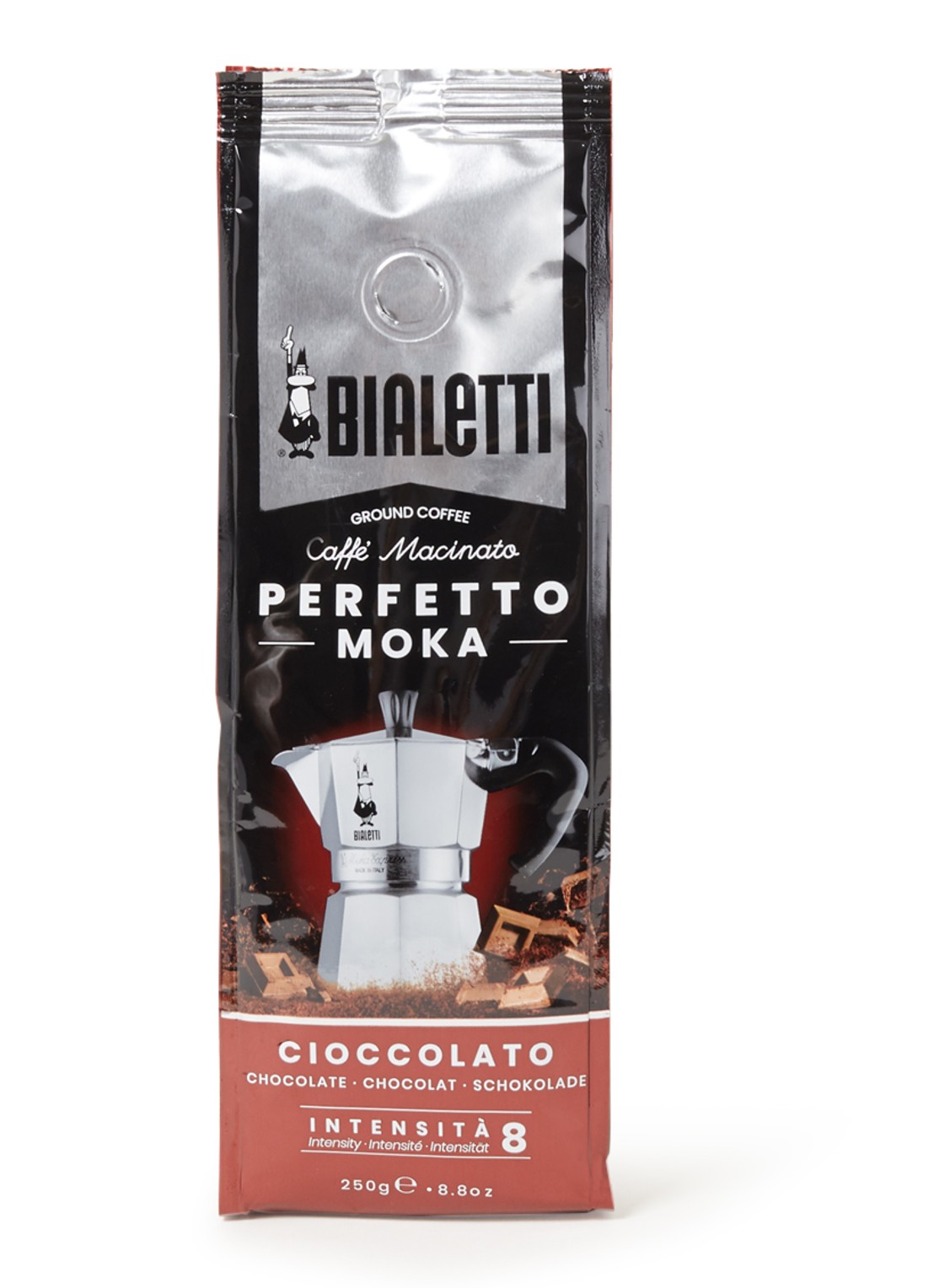 Bialetti Perfetto Moka Cioccolato gemalen koffie 250 gram - voorkant kastanjebruin