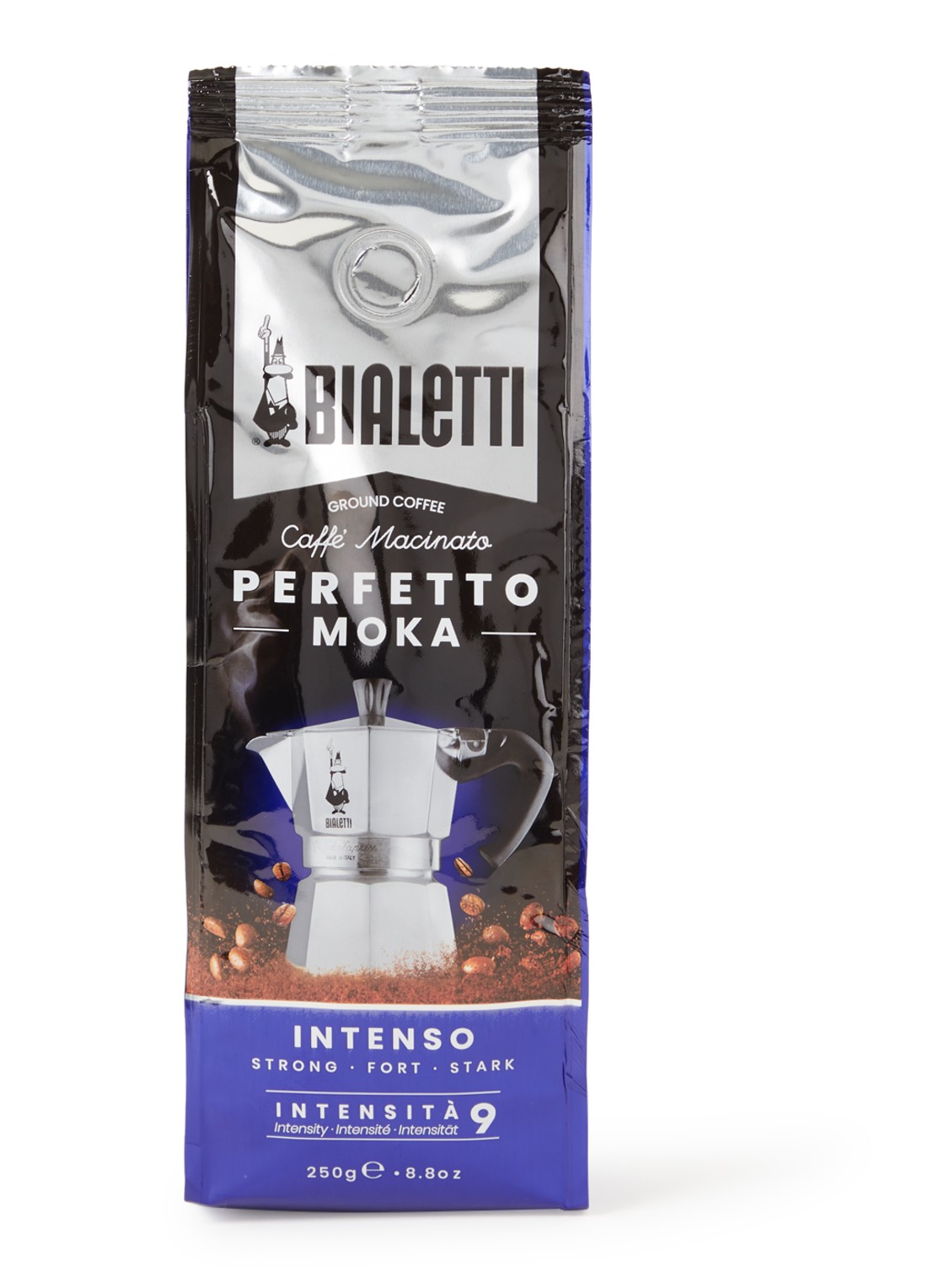 Bialetti Perfetto Moka Intenso gemalen koffie 250 gram - voorkant zilver