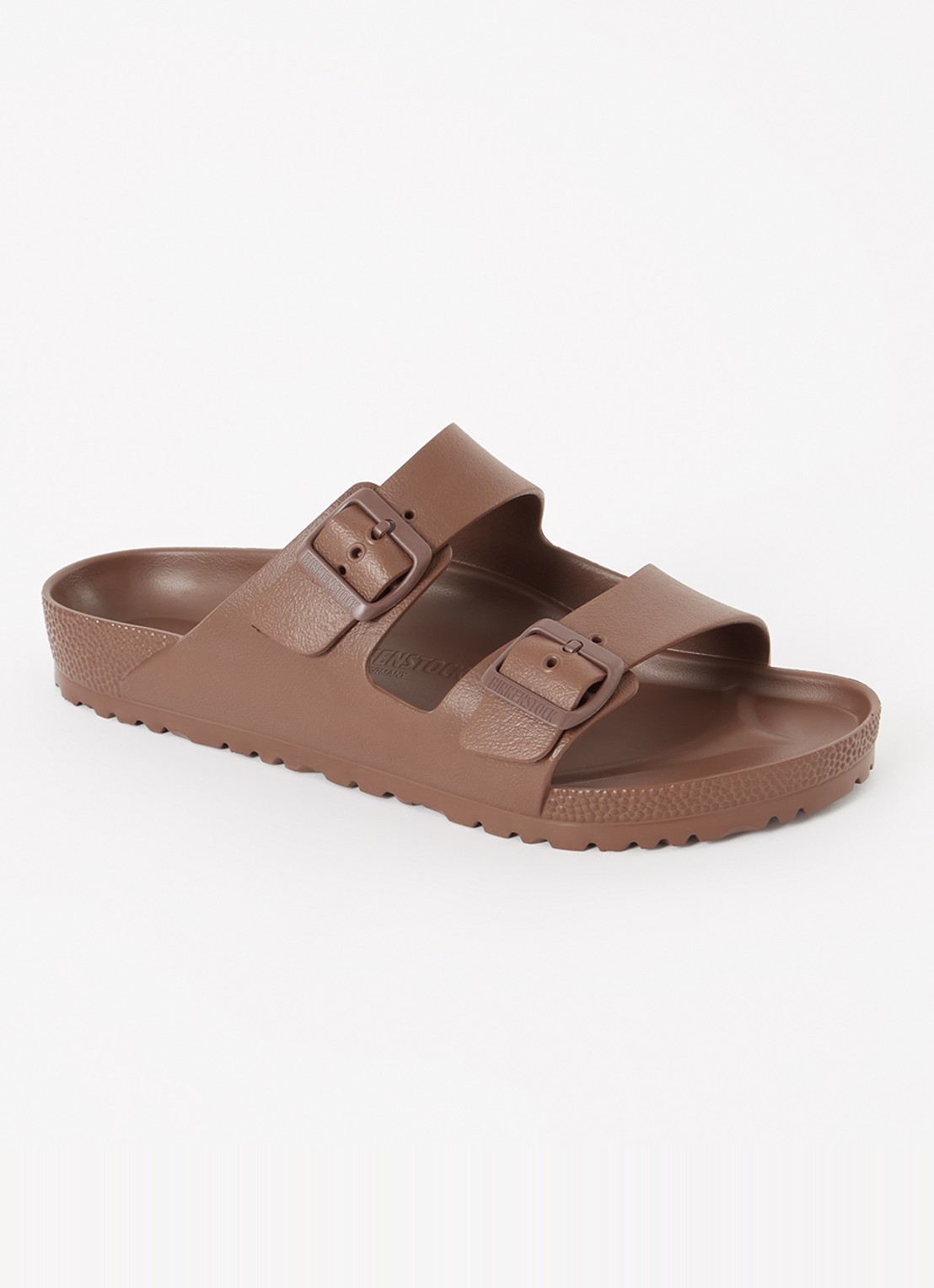 Birkenstock Arizona slipper met logo - voorkant bruin