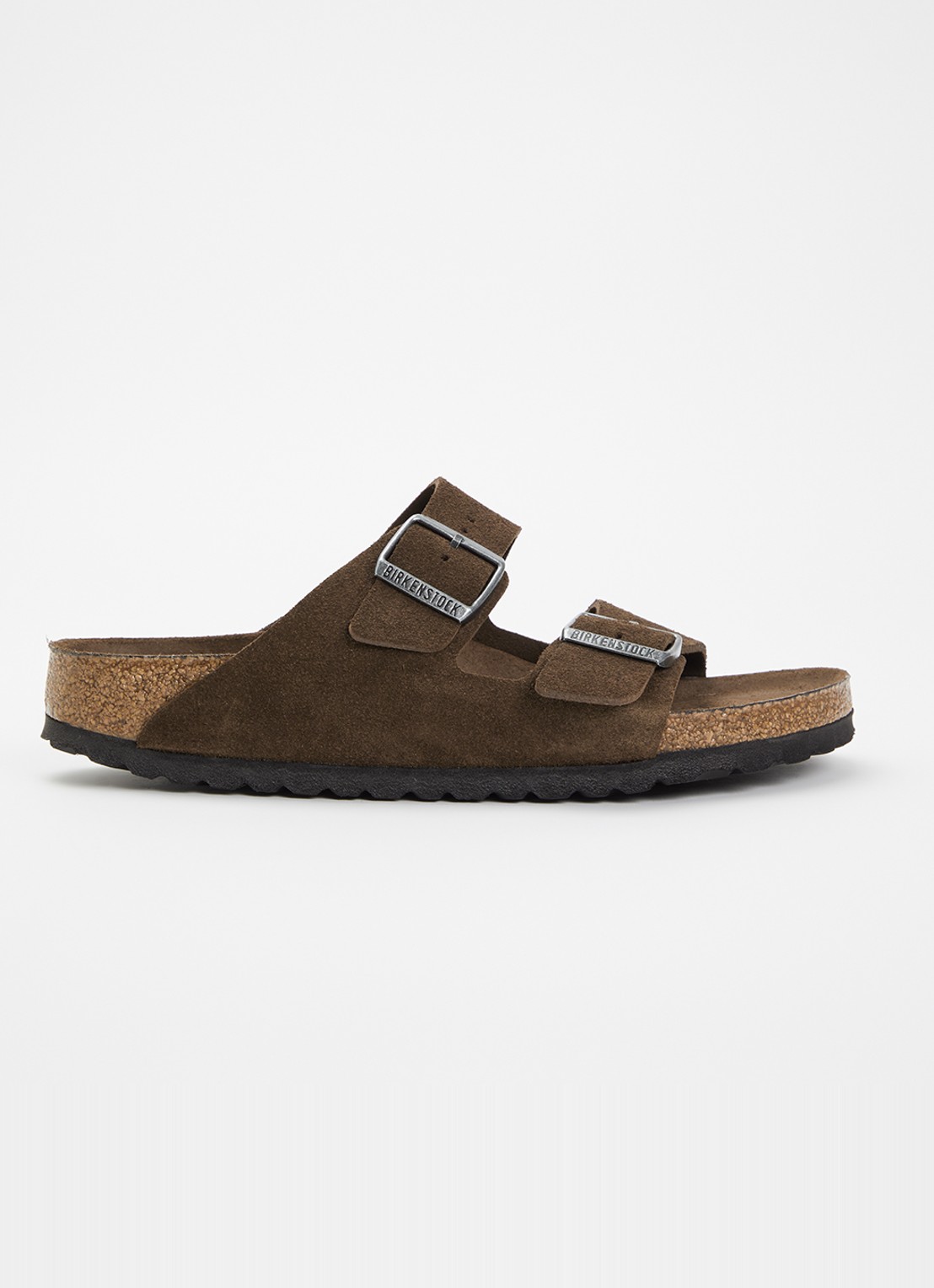 Birkenstock Narrow Fit Arizona slipper van suède - voorkant 2 chocoladebruin