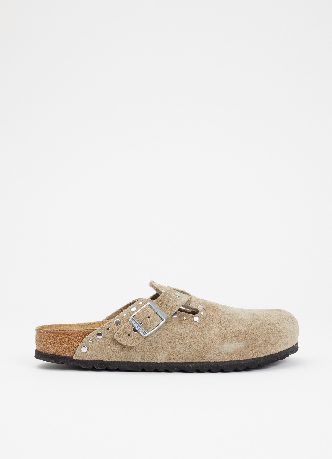Birkenstock Narrow Fit Boston clog van suède met studs - voorkant 5 taupe