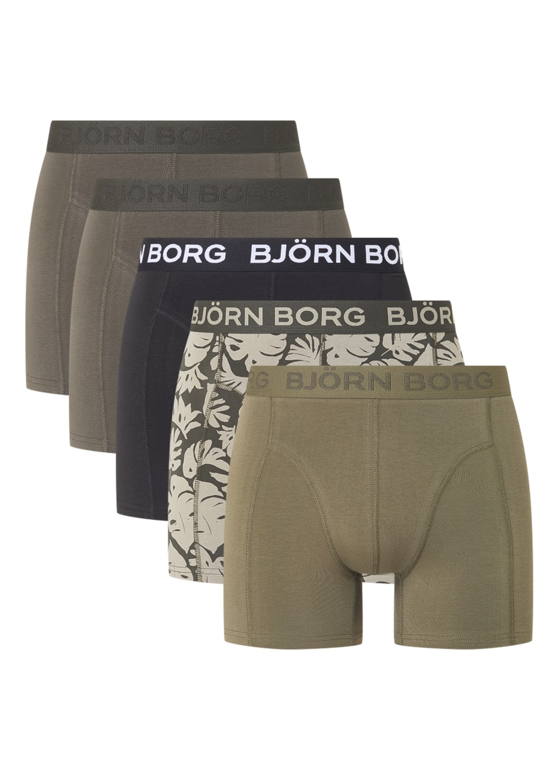 Björn Borg Boxershorts met logoband in 5-pack - voorkant donkergroen