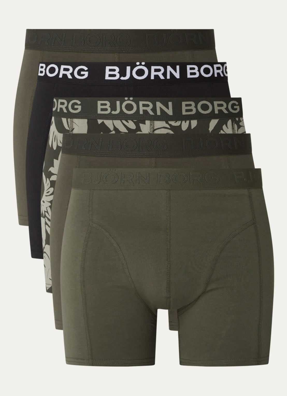 Björn Borg Boxershorts met logoband in 5-pack - voorkant 3 legergroen