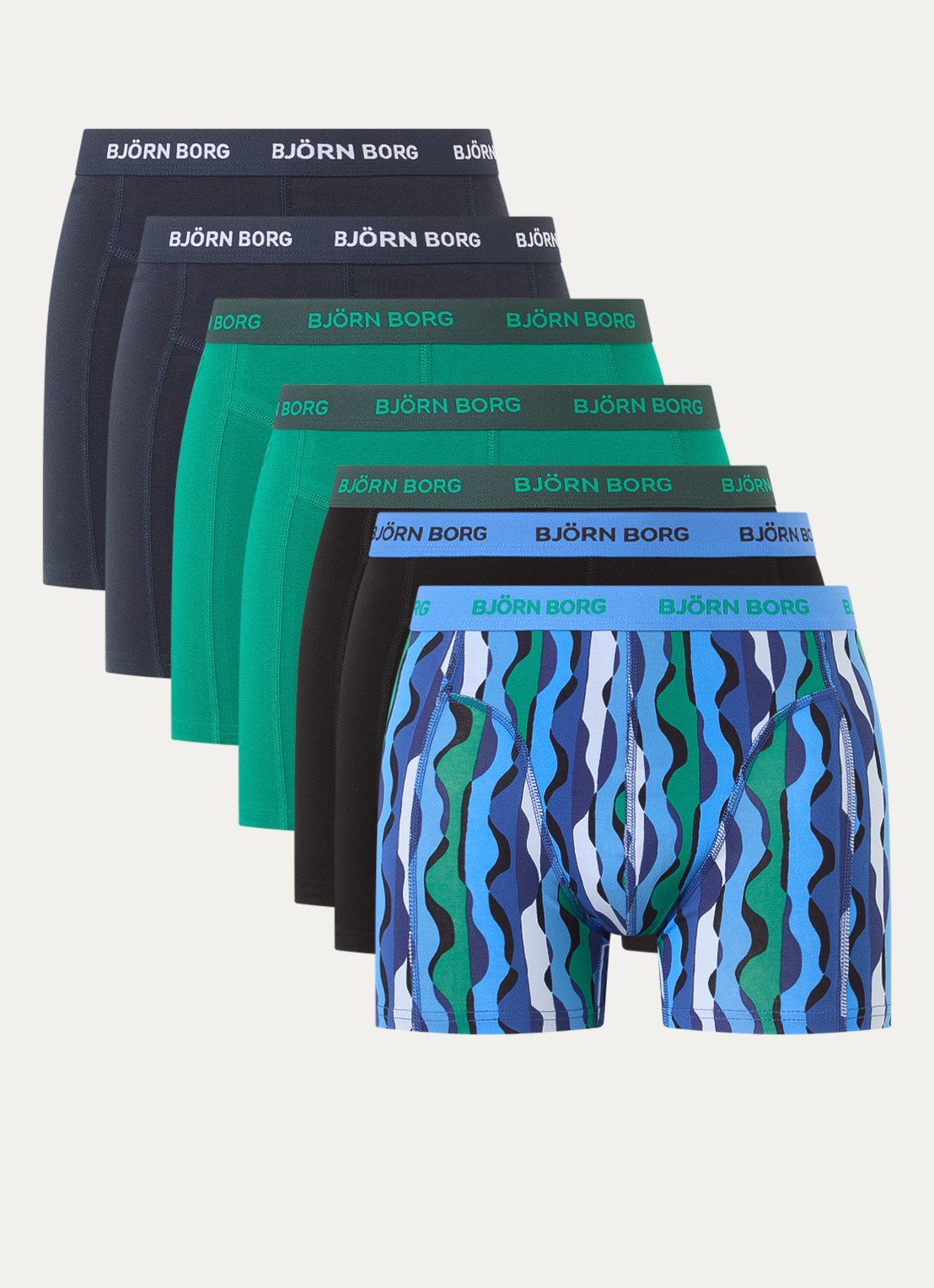 Björn Borg Boxershorts met logoband in 7-pack - voorkant 2 donkergroen